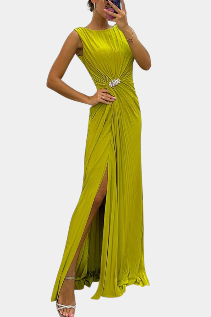 Shiloh Abito Maxi Plissettato con Spacco Laterale e Scollatura Incrociata