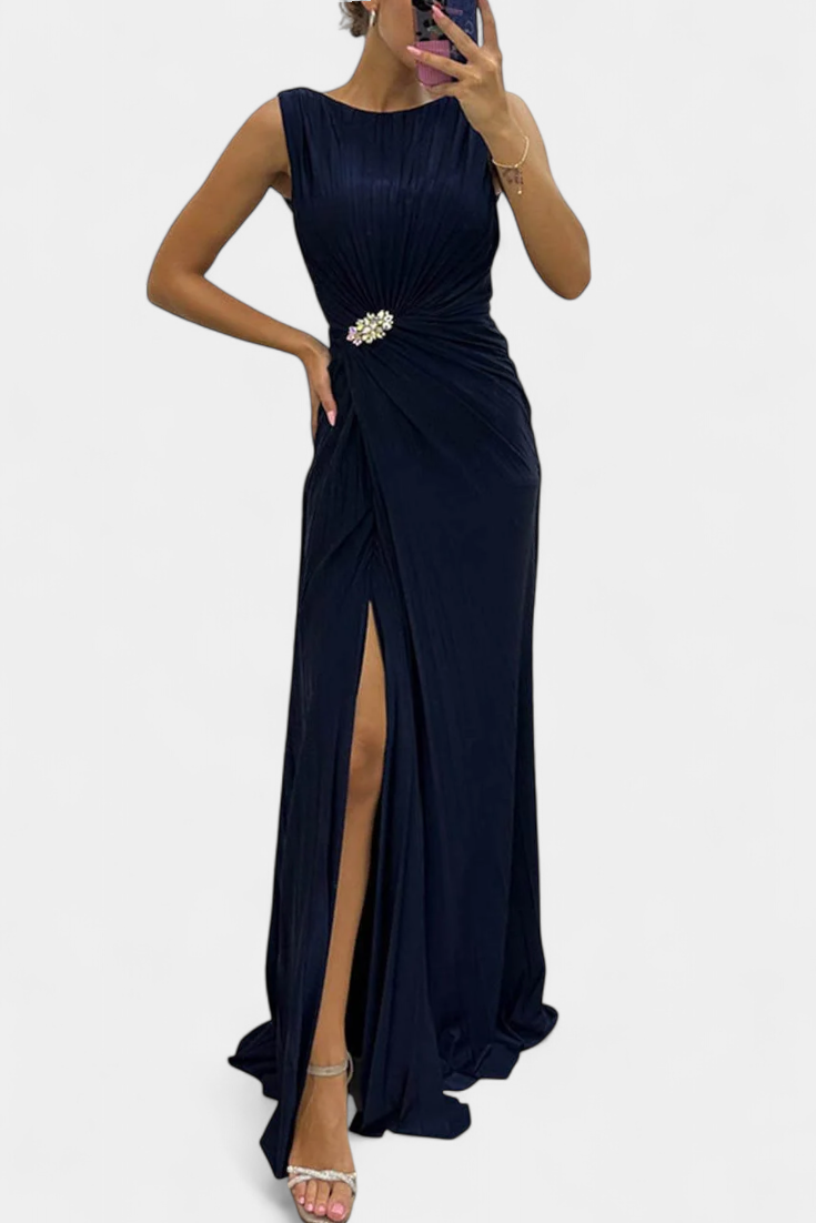 Shiloh Abito Maxi Plissettato con Spacco Laterale e Scollatura Incrociata