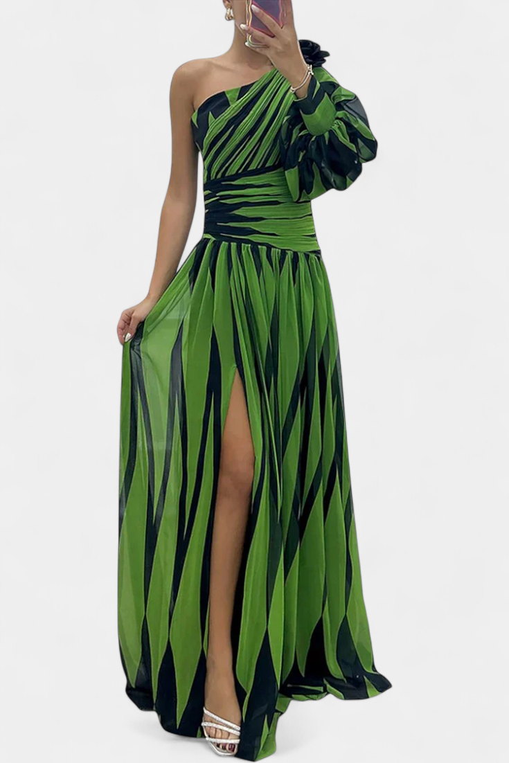 Bethania - Elegante Abito Lungo a Righe con Spalla Scoperta