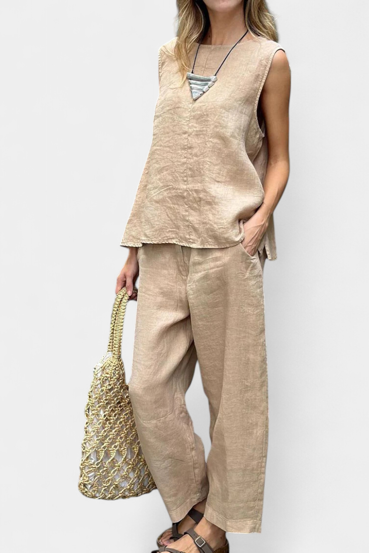 Leona Set Senza Maniche con Gilet e Pantaloni in Cotone e Lino