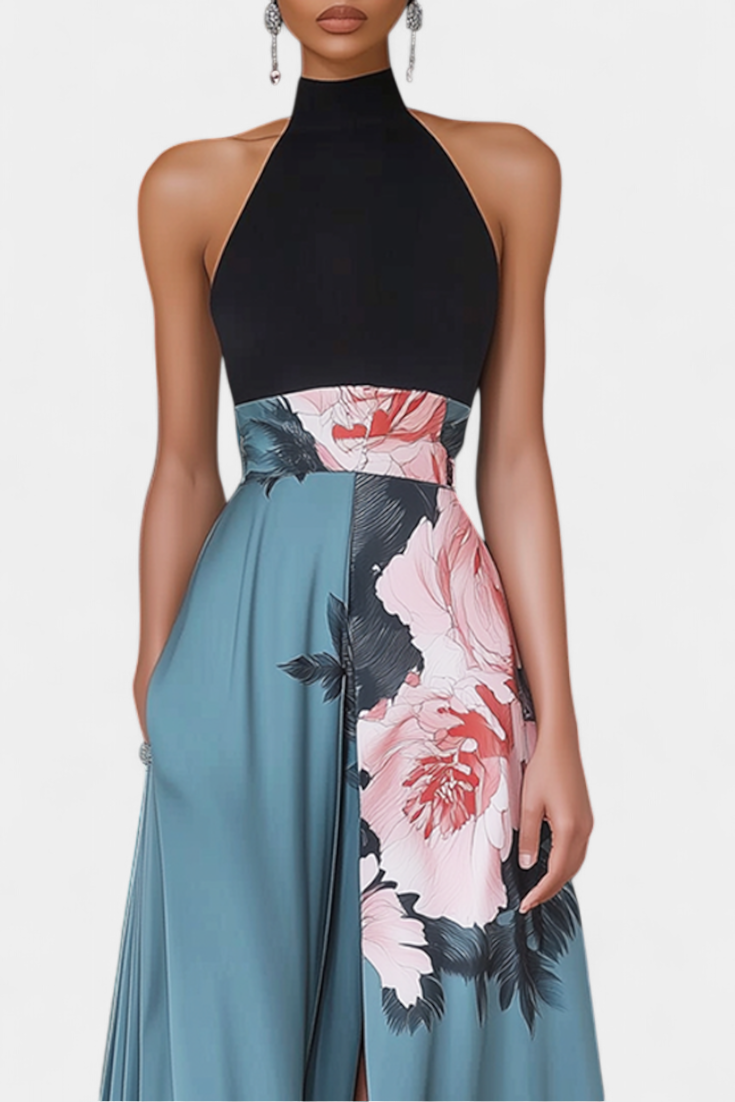 Radmila Abito Floreale A-Line con Corpetto Nero e Gonna Luminoso