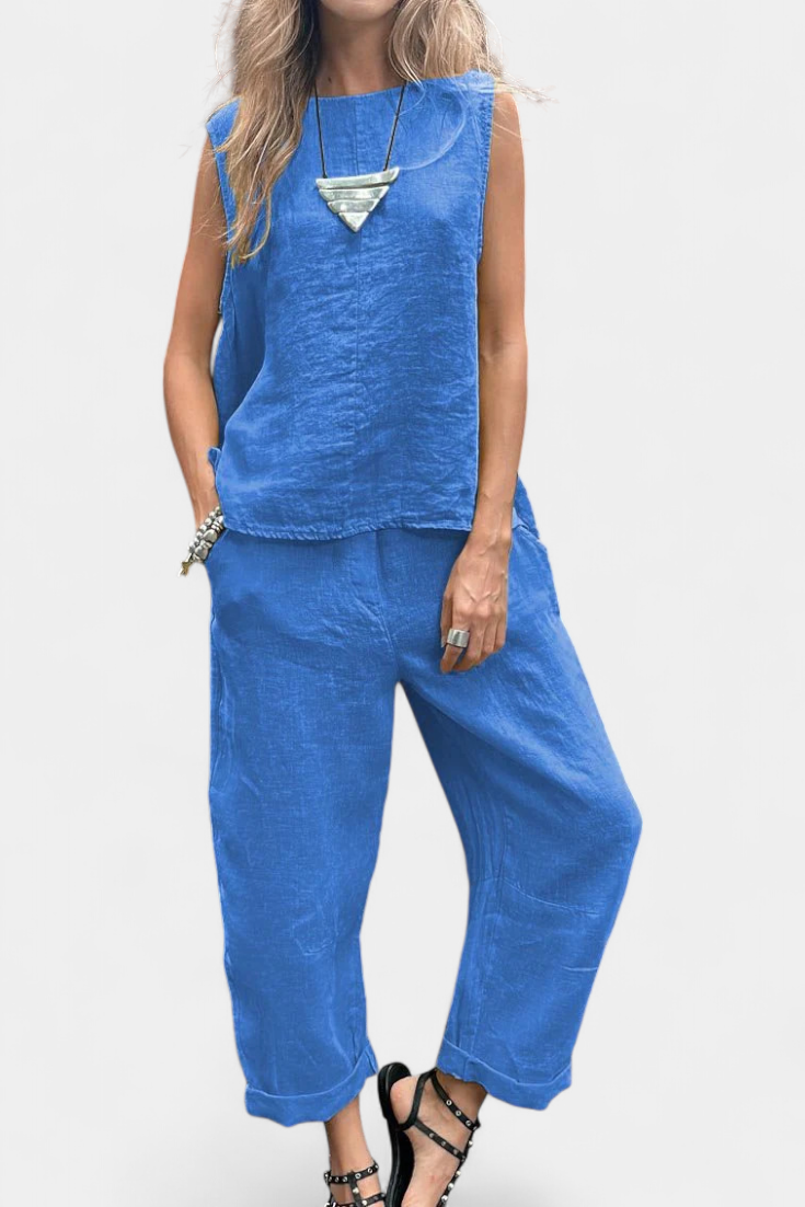 Leona Set Senza Maniche con Gilet e Pantaloni in Cotone e Lino
