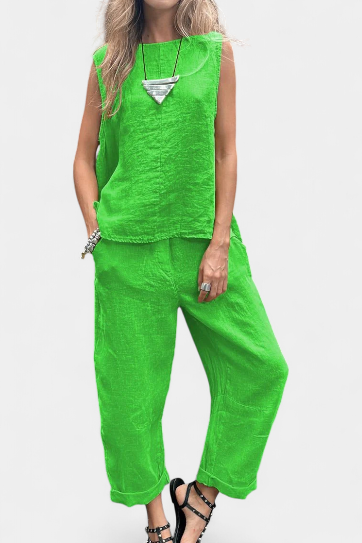 Leona Set Senza Maniche con Gilet e Pantaloni in Cotone e Lino