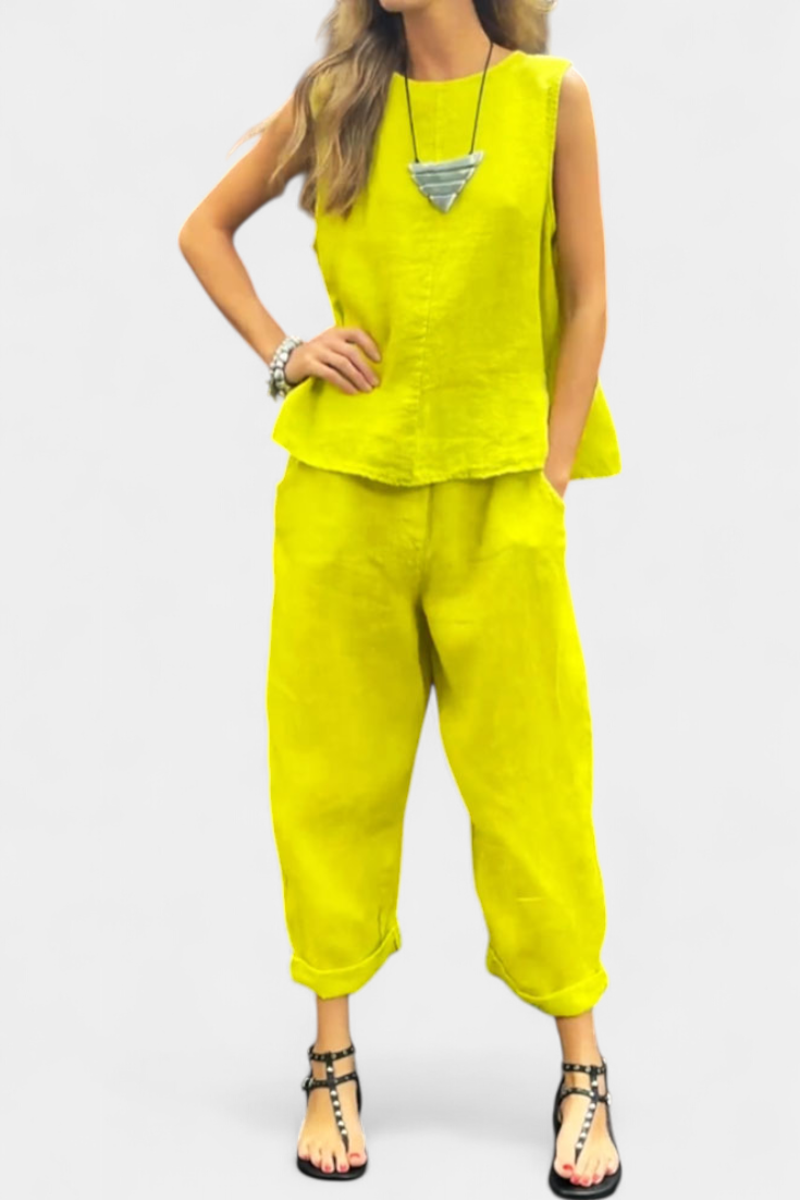 Leona Set Senza Maniche con Gilet e Pantaloni in Cotone e Lino