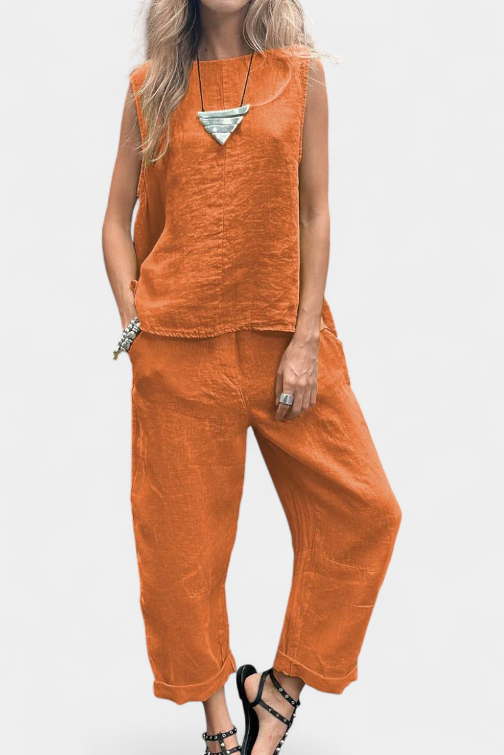 Leona Set Senza Maniche con Gilet e Pantaloni in Cotone e Lino