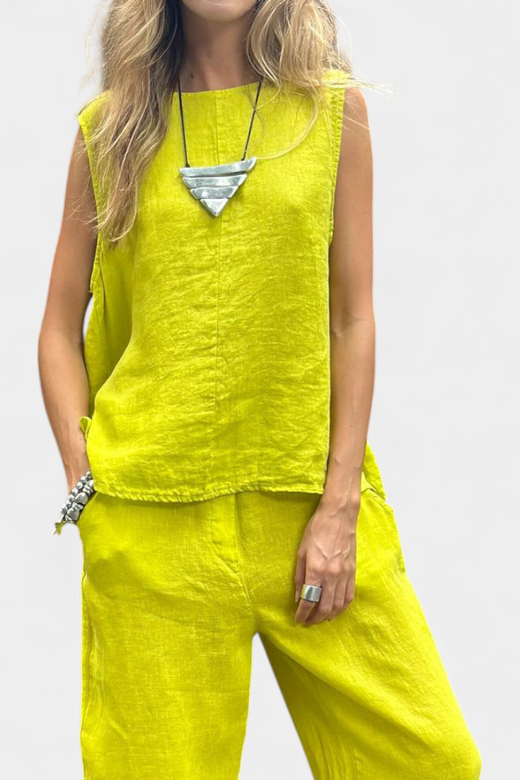 Leona Set Senza Maniche con Gilet e Pantaloni in Cotone e Lino