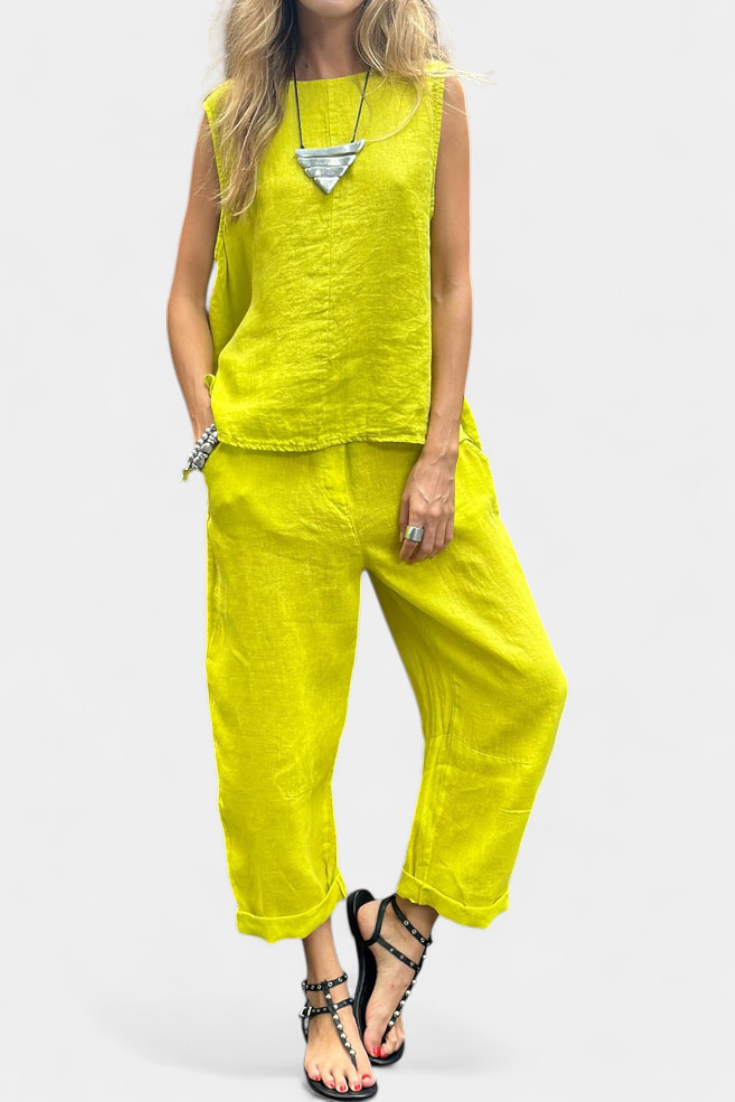 Leona Set Senza Maniche con Gilet e Pantaloni in Cotone e Lino