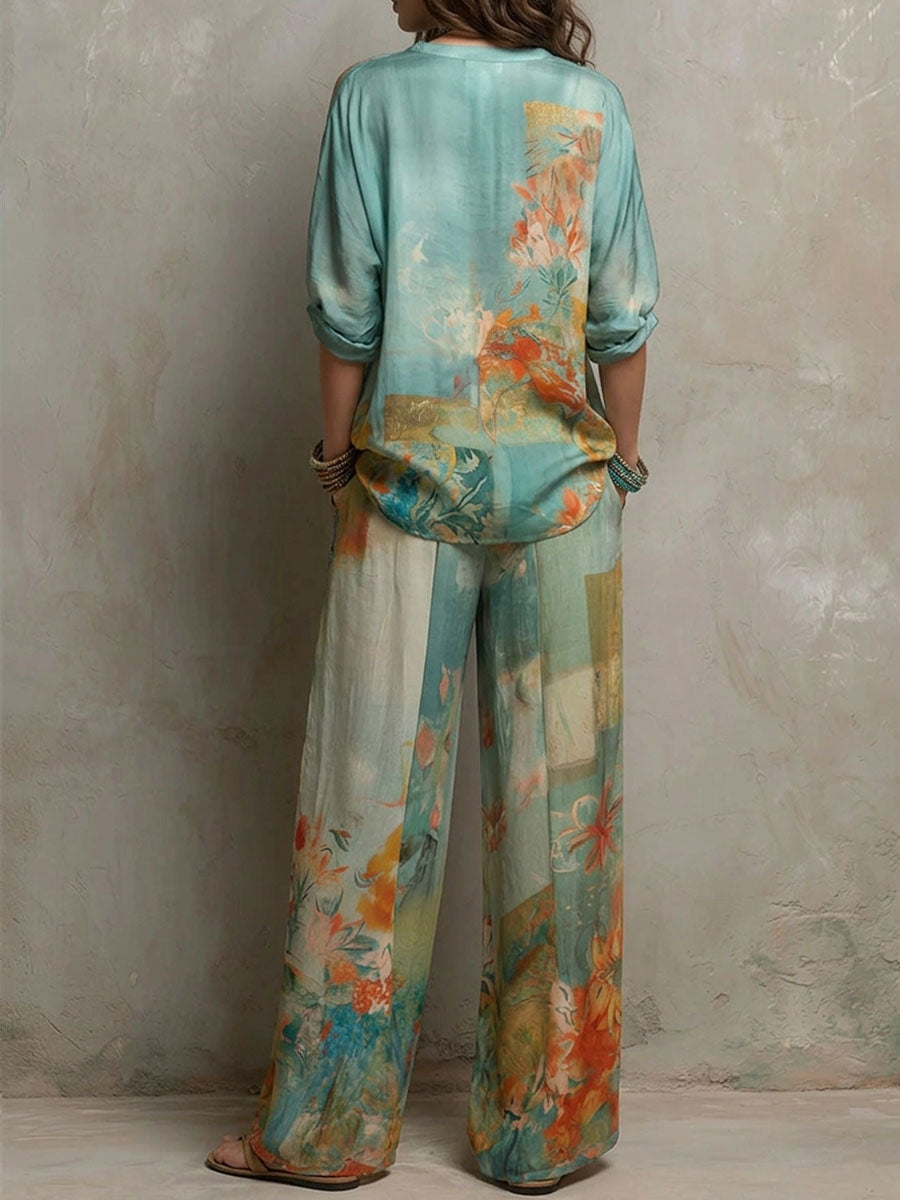 Chiara | Elegante set floreale con pantaloni larghi