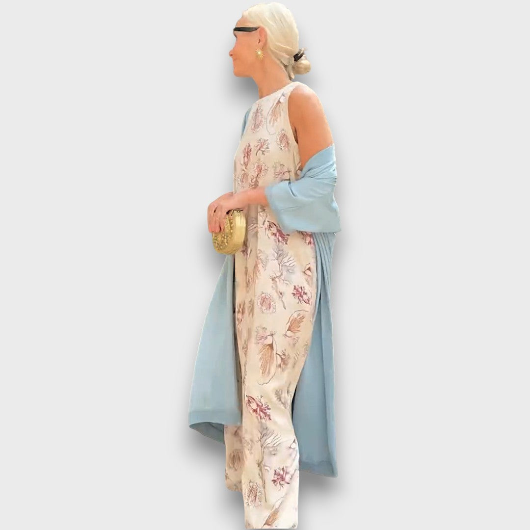 Vestito Lungo con Motivo Floreale e Cardigan Leggero