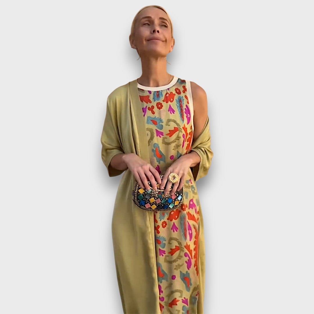 Vestito Lungo con Motivo Floreale e Cardigan Leggero