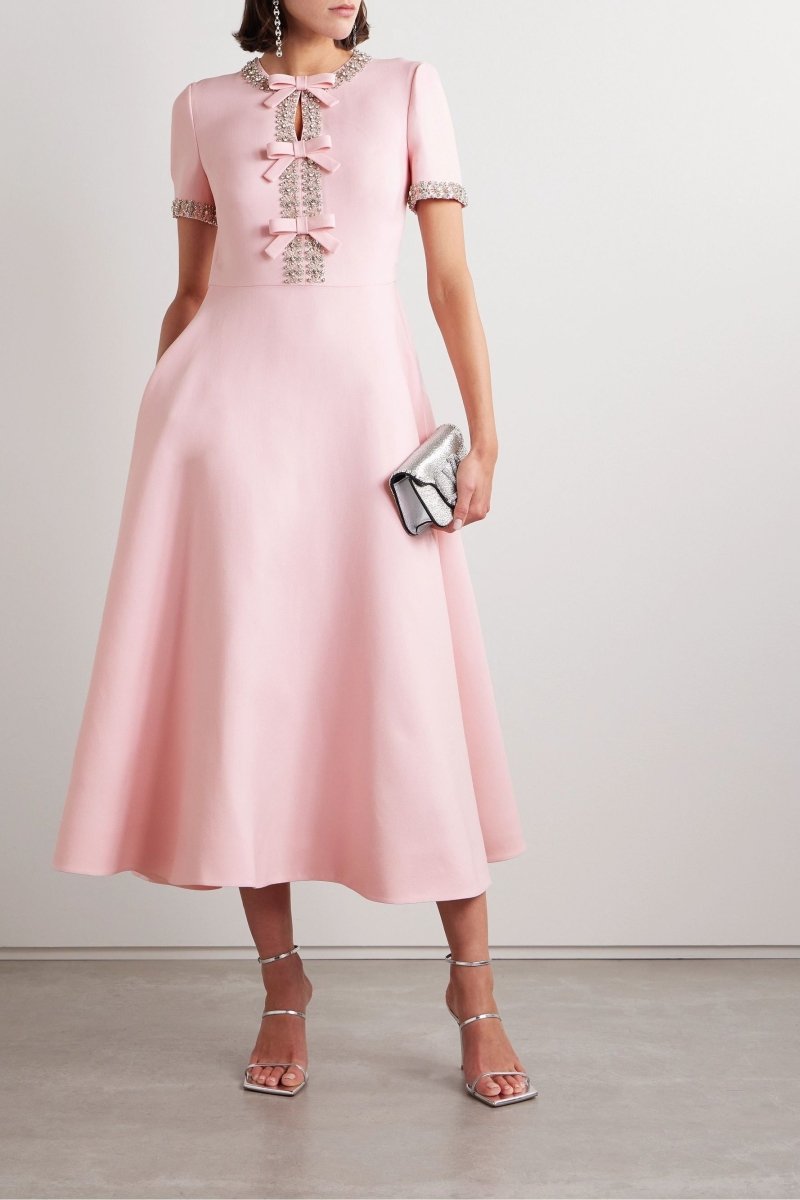 Zoe Vestito midi con fiocco e decorazioni in cristallo